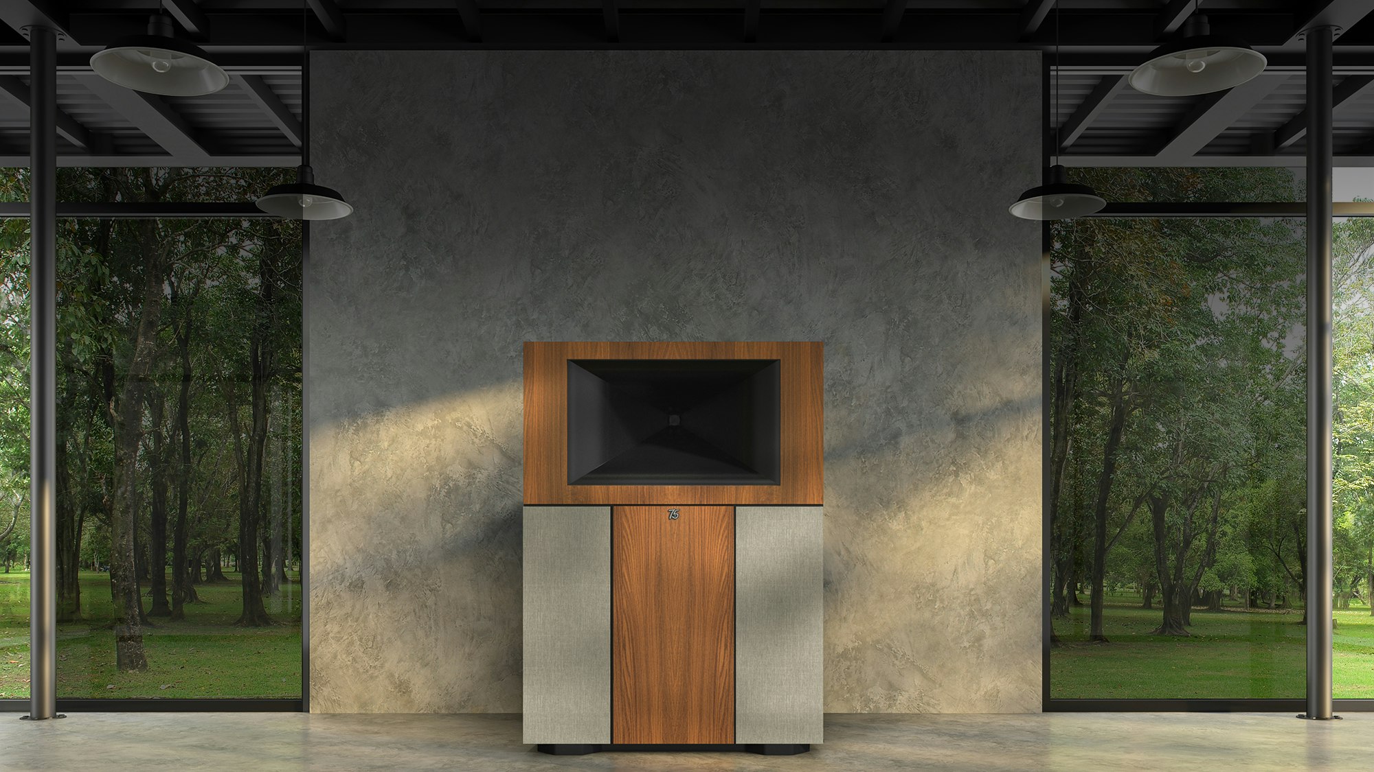 Jubilee 75th Anniversary Edition Floorstanding Loudspeaker agains a wall with a faux marble finish